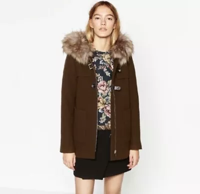 $25 • Buy Zara Brown Wool Coat Faux Fur Hooded Jacket XS