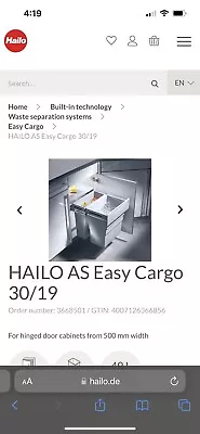 Hailo AS Easy Cargo 30/19 Pull Out Integrated Bin Unit - BNIB • £65