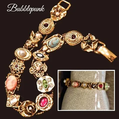 Vintage Slider Charm Bracelet ~ Cameo Rhinestone Flower Bee ~ Jewelry Buy-out • $65