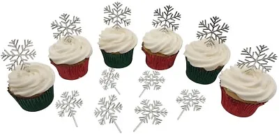 £3.50 • Buy 12 X SILVER SNOWFLAKE Christmas Cake Decorations Yule Log Cupcake Toppers