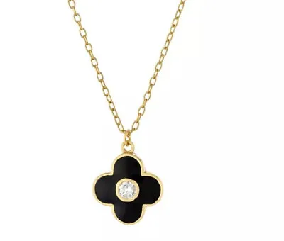 QVC Diamonique Cz Sterling/Y Gold Clad Bezel Set Black Enamel Clover Necklace • $24.99