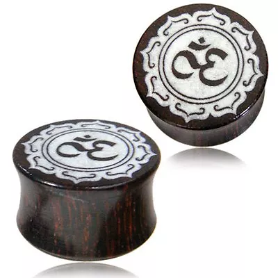 Pair Tamarind Wood Plugs Laser Cut Om Symbol Inlay White Gauges Tunnels • $12.79