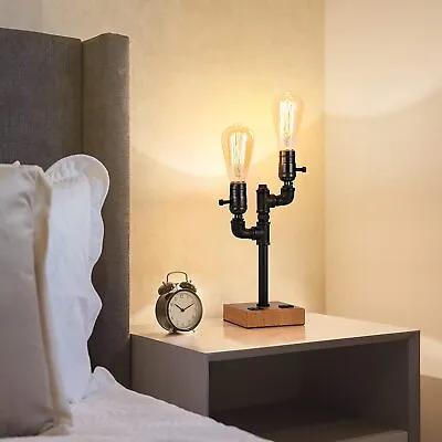 Retro Table Lamp Steampunk Industrial Pipe Light With USB&AC Outlet Loft Bedroom • $25.99