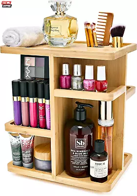 360° Makeup Organizer - Bamboo Wood Make Up Storage Carousel For Cosmetics Skin • $49.35