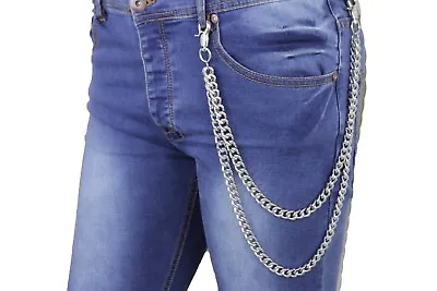 Men Silver Metal Wallet Chain Links Keychain Motorcycle Pants Jeans 2 Strands • $19.95