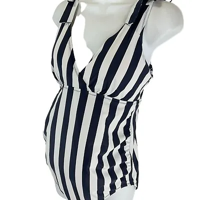 A Pea In The Pod Swimsuit Womens M Blue Striped 1 Pc Maternity UPF 50+ $105 Nwt • $45.20