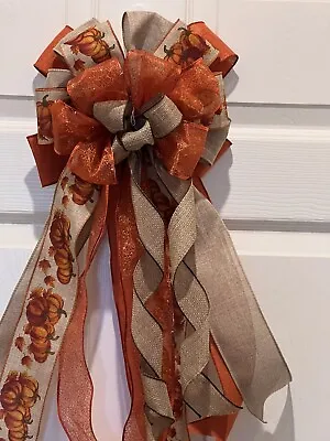 10  Wide Faux Burlap Fall Bow With Pumpkins~thanksgiving Decor Crafts Lanterns • $18.99