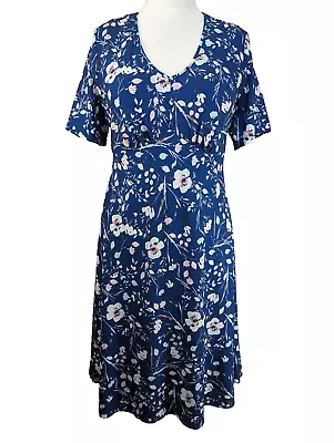 David Nieper Tea Dress Size 16 Blue Pink Floral Jersey Summer Midi Lightweight • £26.96