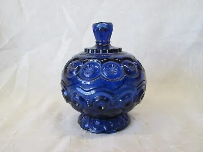 Moon And Stars Pattern Glass LE Smith COBALT BLUE Vintage Covered Candy Jar Dish • $129.99