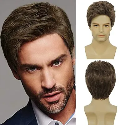 Mens Short Brown Wig Layered Synthetic Reality Hair 80s Costume Wigs Daily Wi... • $23.39