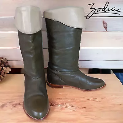 Zodiac Women's 8M Vintage Fold Over Leather Boots Olive Green Made In USA • $15