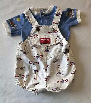 Vintage Osh Kosh B'Gosh Bubble Overalls And Shirt White Sailboats Bears 6/9 Mo • $75