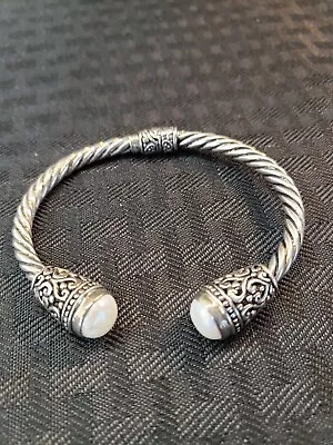 Sterling Silver Mabe Pearl Cable Hinged Cuff Bracelet Signed TIL 925 ID • $115