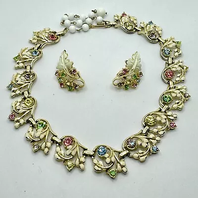 SIGNED CORO 50s Vintage Set Necklace Earrings Flowers Leaves Rainbow Rhinestones • $39.99