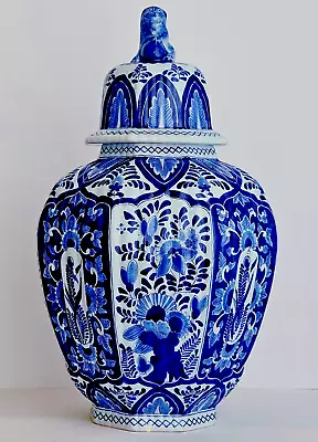 Antique DELFT BALUSTER LIDDED VASE - XL GINGER JAR 18.5 INCHES HAND PAINTED • $259