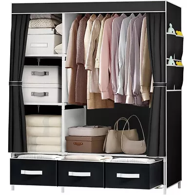 Large Fabric Canvas Wardrobe With Hanging Shelving Clothes Storage Closet Uk • £21.99