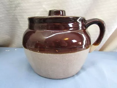 Vintage Brown Stoneware Crock Pottery USA Bean Pot Crown Glaze Jug Lid • $7.99