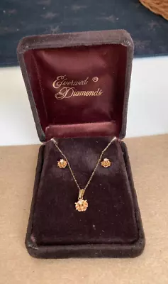 Vintage 14k Yellow Gold Buttercup Setting Diamond Earrings & Necklace Set BIN • $225
