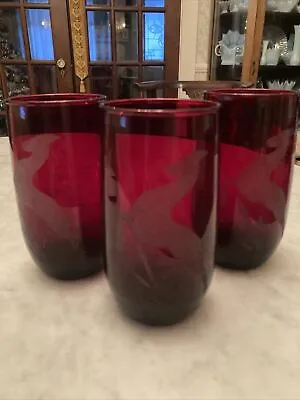 3-rare Vintage Hocking 5  Ruby Red Newport Water TUMBLERS/stenciled Gazelle • $25