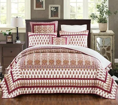 Bohemian Moroccan Rubies Paisley Cotton Bedspread Patchwork Quilt Set King  • $149