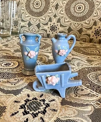 Antique Made In Occupied Japan Mini Blue Vases - Urn Pitcher And Wheelbarrow • $5.99