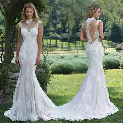 Mermaid Wedding Dresses High Neck Illusion Back Lace Appliqués Bride Gowns Train • $148.90