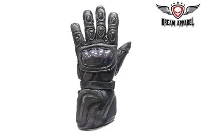 Padded Wrist & Gauntlet Black Full Finger Leather Motorcycle Riding Gloves • $36.39