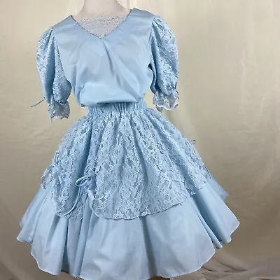 Square Dance Dress 2 PC Outfit Skirt Blouse Blue W Lace Trim Dress Size P/S • $85