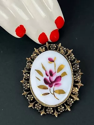 Vintage Oval Hand Painted Porcelain Purple Pink Flower Brooch With Brass Backing • $18.95