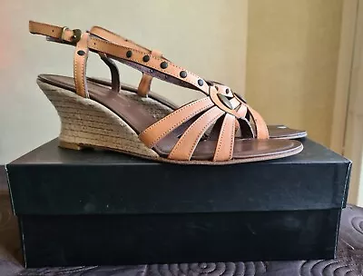 LEA FOSCATI Italian Soft Brown Strappy Full Leather Wedge Sandals Size 8 • £16.50