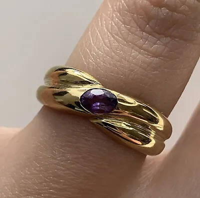 Amethyst Solitaire Flush Set Twist Band Ring 9ct 9k Yellow Gold - Size L 1/2 • £125