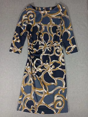J. McLaughlin 3/4 Sleeve Small S Catalina Knit Ruched Slate Blue Cream Dress EUC • £23.15