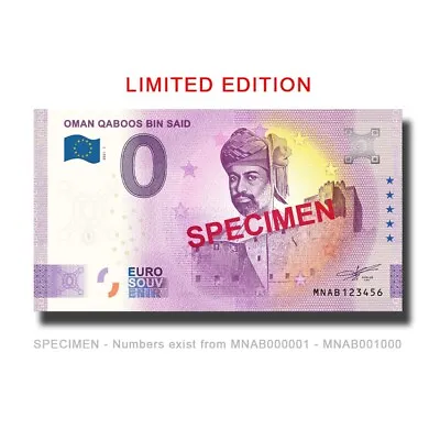 SPECIMEN 0 Euro Souvenir Billet Qaboos Bin Said Oman MNAB 2021-1 LIMITED EDITION • $32.90