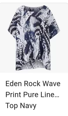 Eden Rock Navy Top Womens Wave Pattern Linen Size Uk 16/18 New R8 New In Sealed • £29