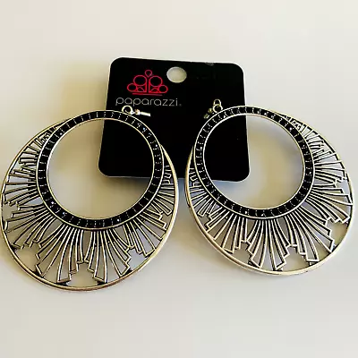 Paparazzi Hoop Earrings  Mod Mood   Silver Black Rhinestones 2.5  • $5