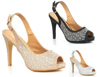£9.99 • Buy New Ladies Slingback Diamante Party Evening Prom Glitter Open Toe Court Shoes