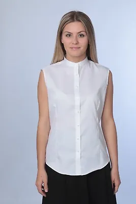 Ladies White Sleeveless Mandarin Collar Button Down Blouse Shirt Size 4 No Iron • $20