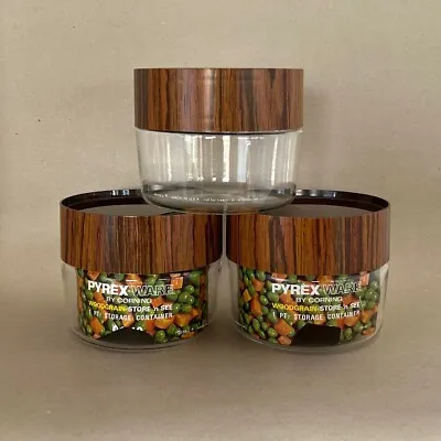 $29.95 • Buy Vintage Pyrex See N Store Glass Canisters Wood Grain Plastic Lids Set Of 3 NEW