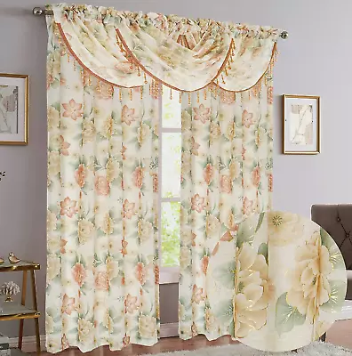 Gwen Floral 5 Piece Sheer Curtain Set Beaded Austrian VALANCES Metallic Accent • $76.99