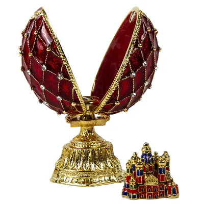 Red Faberge Egg Replica Trinket Box St Basil Cathedral Insert Easter Gift 9cm • $25.46