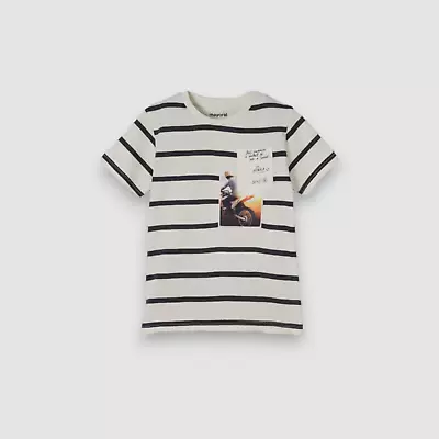 $45 Mayoral Kids Boy's White Striped Motorcycle Patch Pocket T-Shirt Size 7 • $14.78