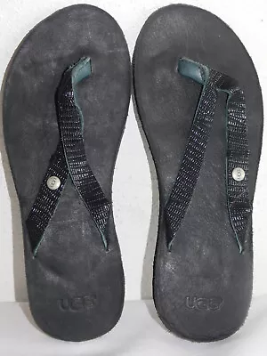 Display Womens 7 Black Ugg Ally Ii Exotic Embossed Leather Flip Flops Sandals • $25.46