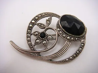 Vintage 1928 Silver Tone Faceted Black Stone Marcasite Floral Pin Brooch Estate • $24