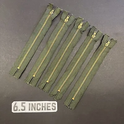 “R” Military 6.5 Inch Green Brass Zipper 5 Pc. Lot Cotton USA 1950’s Vintage • $20