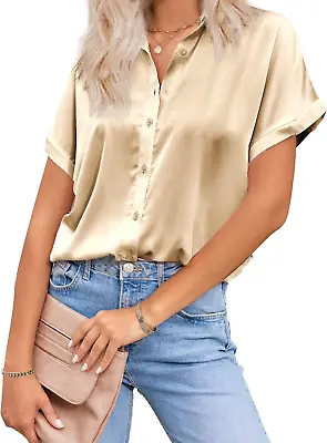 $45.99 • Buy HOTOUCH Silk Button Down Shirts For Women Satin Short Sleeve V Large, Khaki 