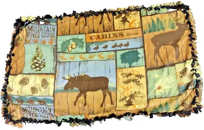 Hand Tied Fleece Blanket/Throw Nature Mountain Pine Moose 53  X 49   Black/Multi • $27.95