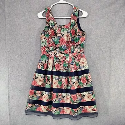 ModCloth Minuet Fit & Flare Dress Womens Sz M Navy Blue Floral Stretch Back Zip • $19.95