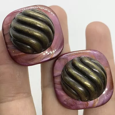 Vtg Monies Style Mauve Pink Marbled Melon Bronze Acrylic Chunky Earrings Clip-on • $19.96