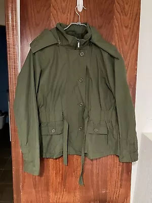 MERONA Medium Olive Green Rain Jacket Spring Coat Full Zip Hooded 3355 • $22.95