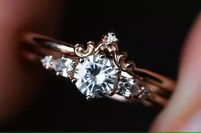 Art Deco Double Band Round & Pear Moissanite 10K Gold Bridal Wedding Ring Set • $406.84